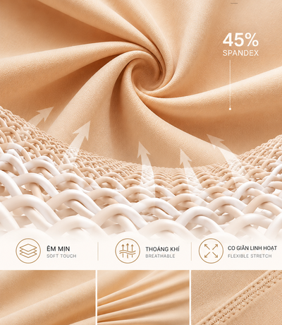 Poster vải màu da có thông tin 45% Spandex và hình cận đường may