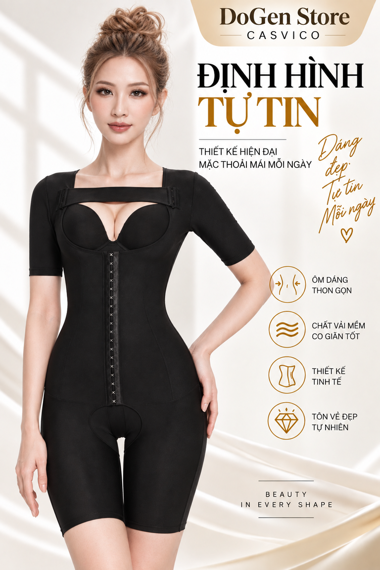 Người mẫu mặc bộ gen màu đen có tay áo, móc trước và ống trên gối