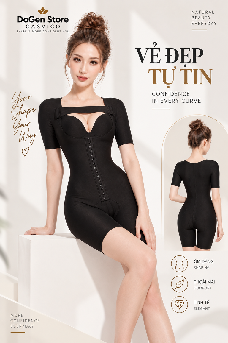 Người mẫu mặc bộ gen màu đen ở tư thế ngồi, kèm ảnh nhỏ mặt sau