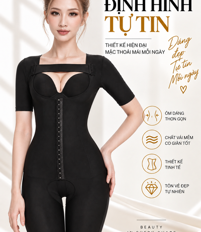 Người mẫu mặc bộ gen màu đen có tay áo, móc trước và ống trên gối