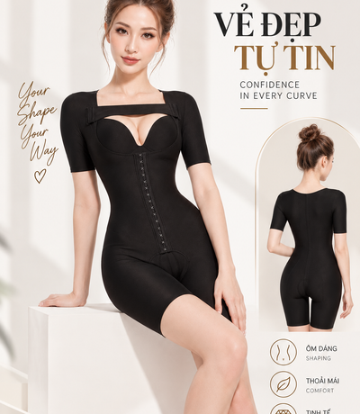 Người mẫu mặc bộ gen màu đen ở tư thế ngồi, kèm ảnh nhỏ mặt sau