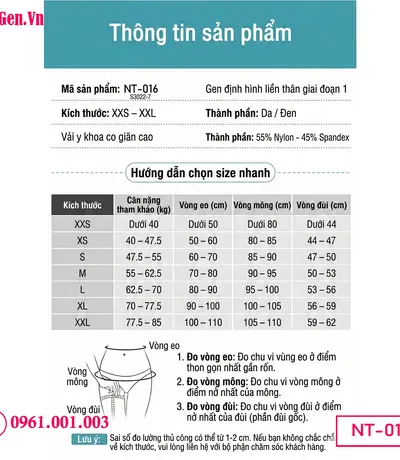 bảng size Gen body định hình toàn thân – full body shapewear for contouring