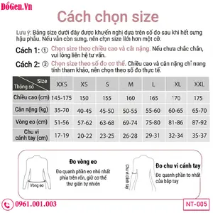 bảng size Gen body sau hút mỡ eo cánh tay giúp giữ dáng chuẩn