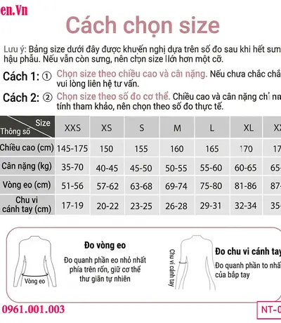 bảng size Gen body sau hút mỡ eo cánh tay giúp giữ dáng chuẩn