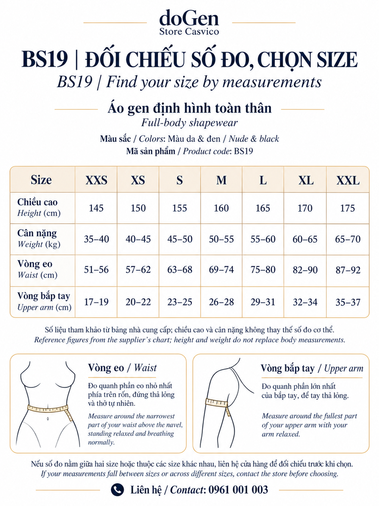 Bảng size BS19 cho màu da và đen từ XXS đến XXL theo chiều cao, cân nặng, vòng eo và bắp tay