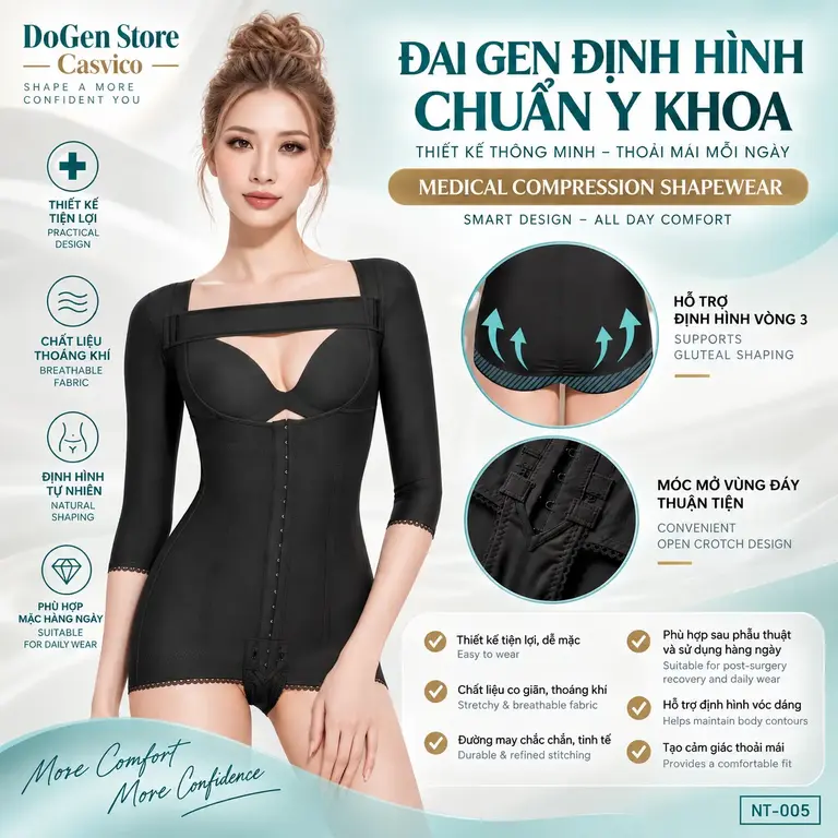 Áo gen định hình toàn thân DoGen Store Casvico với thiết kế ôm vừa vặn vùng bụng, eo và cánh tay. Kiểu dáng liền thân giúp sản phẩm nằm ổn định khi mặc và phù hợp với nhu cầu chăm sóc cơ thể trong giai đoạn hồi phục.