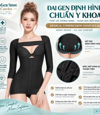 Áo gen định hình toàn thân DoGen Store Casvico với thiết kế ôm vừa vặn vùng bụng, eo và cánh tay. Kiểu dáng liền thân giúp sản phẩm nằm ổn định khi mặc và phù hợp với nhu cầu chăm sóc cơ thể trong giai đoạn hồi phục.