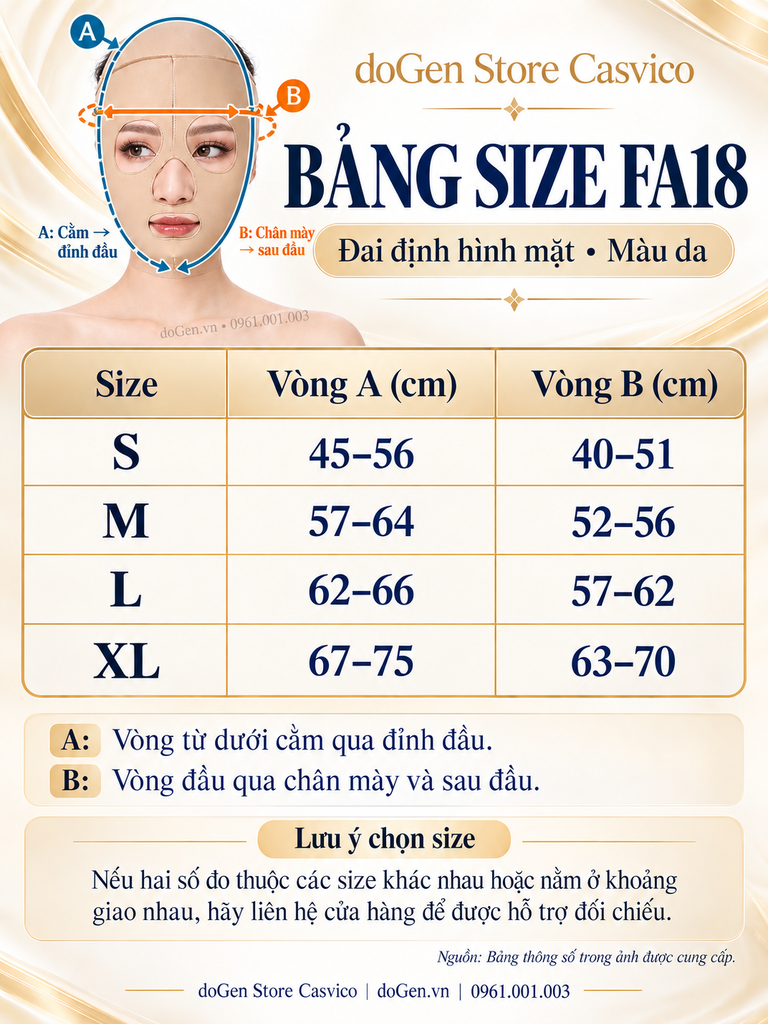 Bảng size FA18 màu da từ S đến XL theo vòng A và B
