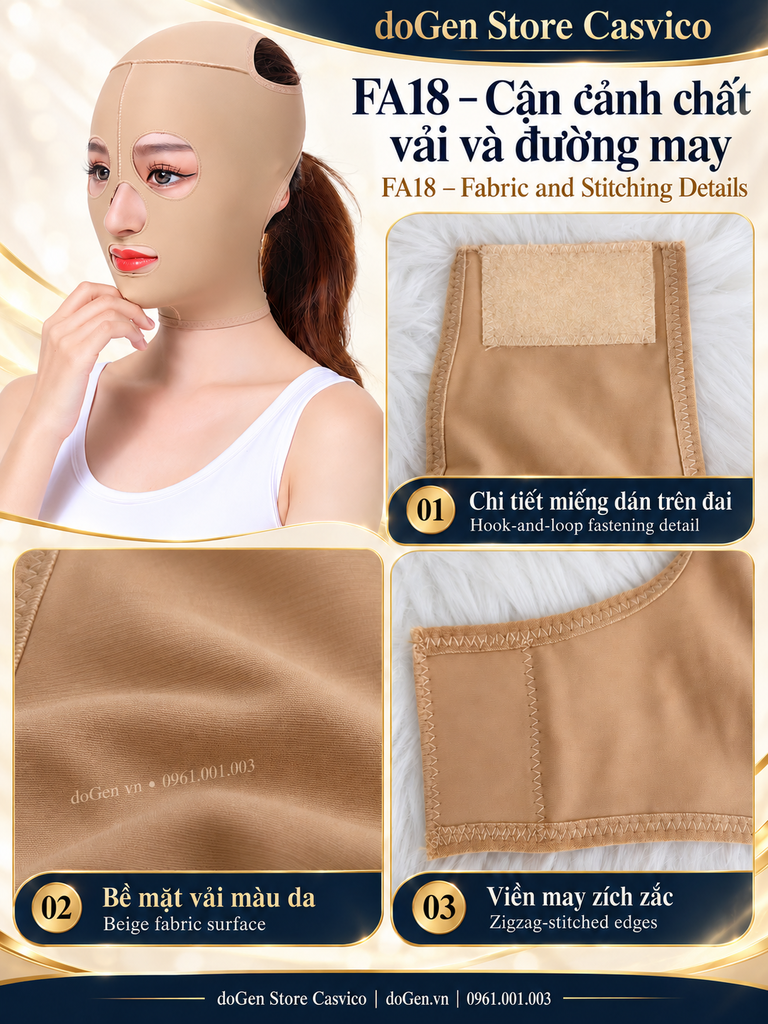 Cận cảnh bề mặt vải, miếng dán và đường may FA18 màu da