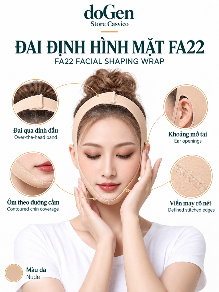 Đai FA22 nhìn chính diện, kèm chi tiết đai qua đầu, lỗ tai, phần cằm và viền may