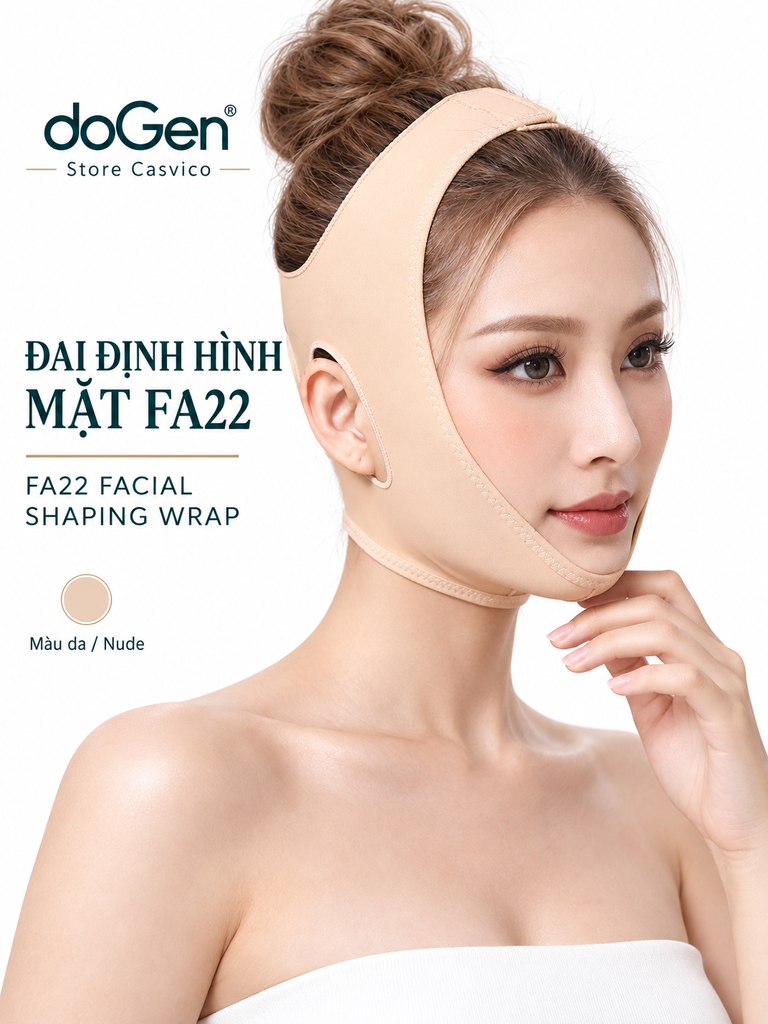 Người mẫu đeo đai FA22 màu da ở góc ba phần tư, tay đặt gần cằm