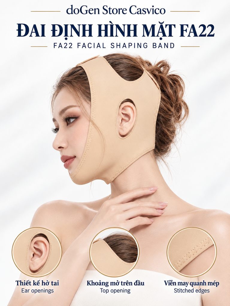 Góc nghiêng đai FA22 màu da, kèm hình khoảng mở tai, đỉnh đầu và viền may