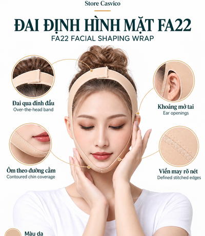 Đai FA22 nhìn chính diện, kèm chi tiết đai qua đầu, lỗ tai, phần cằm và viền may
