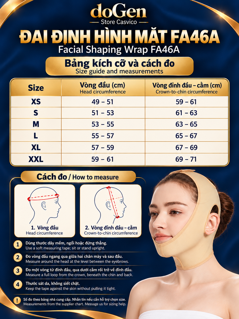Bảng size FA46A từ XS đến XXL và cách đo vòng đầu, vòng đỉnh đầu–cằm