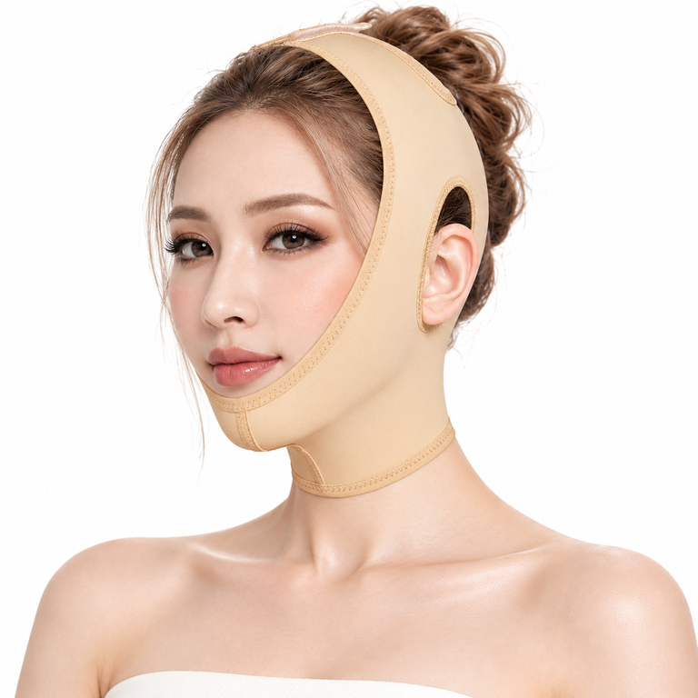 Người mẫu đeo đai định hình mặt FA46A màu da, thiết kế hở tai, trên nền trắng.