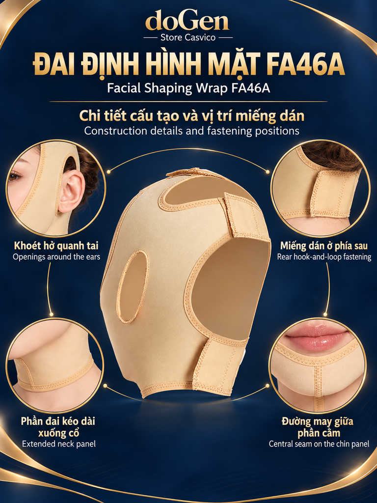 Hình minh họa cấu tạo đai FA46A và các chi tiết tai, cằm, cổ, miếng dán