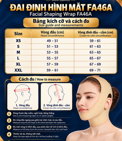 Bảng size FA46A từ XS đến XXL và cách đo vòng đầu, vòng đỉnh đầu–cằm