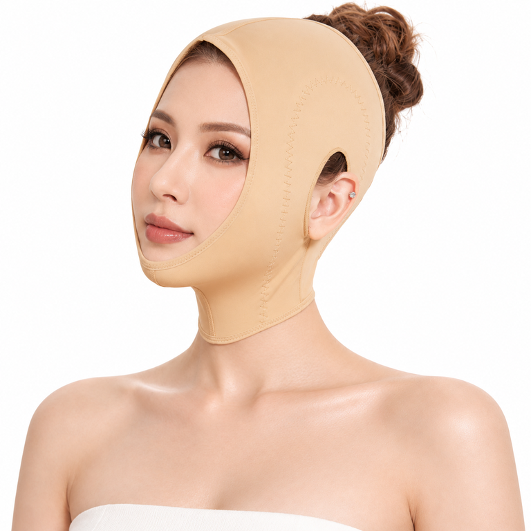 Người mẫu đeo đai định hình mặt màu da trên nền trắng