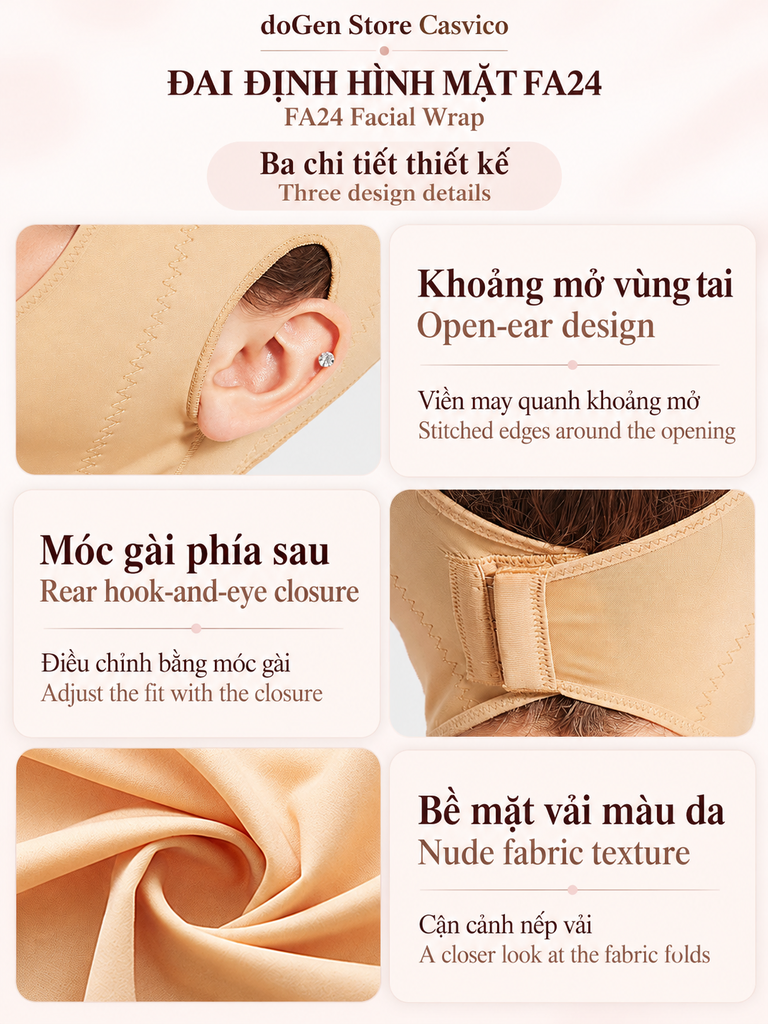 Ba chi tiết minh họa vùng tai, móc gài và bề mặt vải FA24