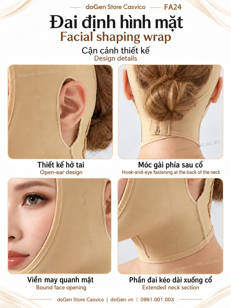 Bốn hình cận cảnh vùng tai, sau cổ, viền mặt và phần cổ đai FA24