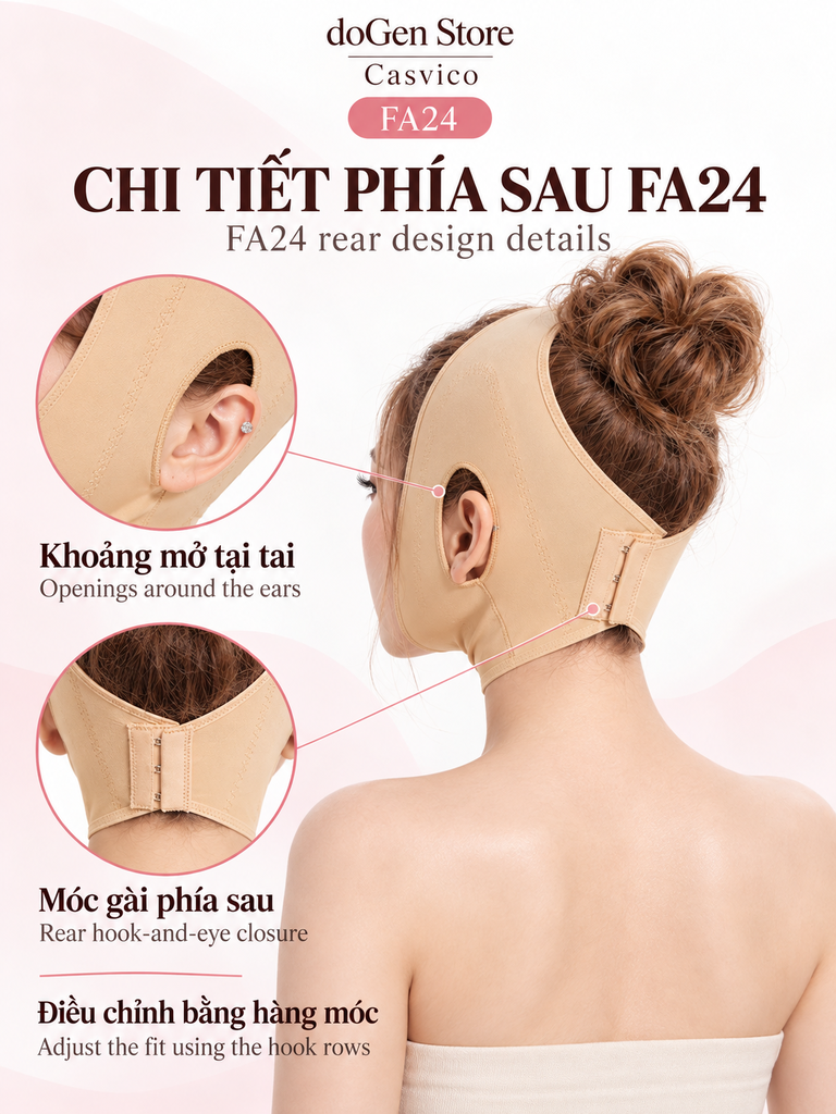 Minh họa mặt sau đai FA24 với vùng tai mở và cụm móc gài