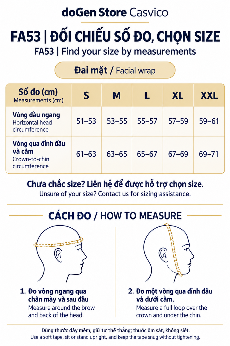 Hướng dẫn đo hai vòng đầu và đối chiếu size S–XXL của FA53