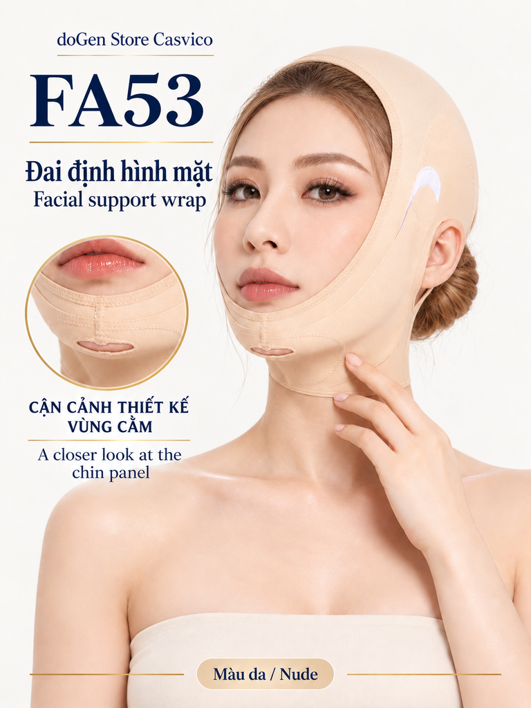 Người mẫu đeo FA53 màu da bên cạnh khung phóng to phần cằm