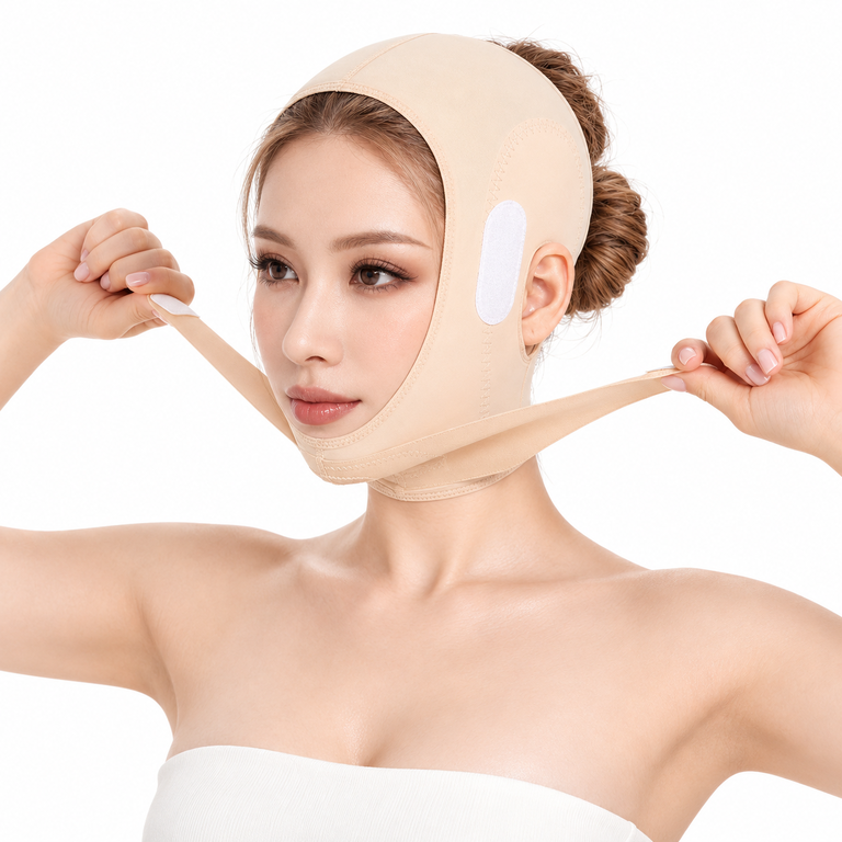 Người mẫu giữ hai đầu dây cằm đang mở của đai FA53 màu da
