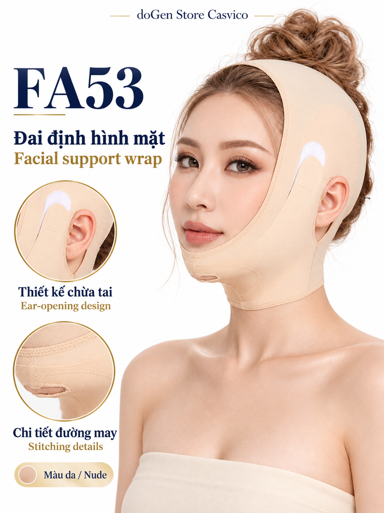 Hai khung phóng to vùng tai và cằm trên poster FA53 màu da