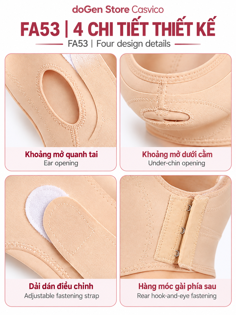 Các khung hình chi tiết tai, cằm, miếng dán và móc sau của FA53