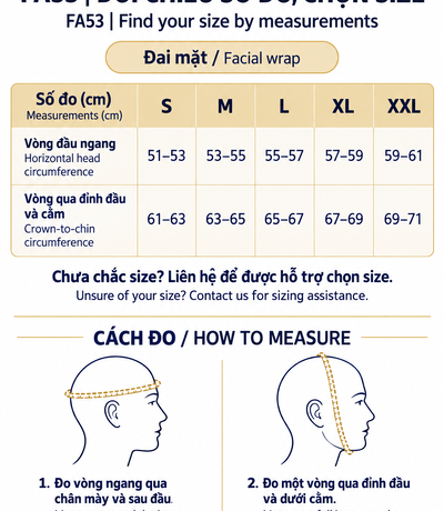 Hướng dẫn đo hai vòng đầu và đối chiếu size S–XXL của FA53