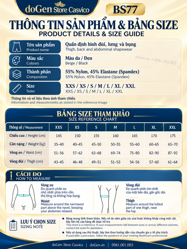 Bảng size BS77 từ XXS đến XXL cho màu da và đen, kèm hướng dẫn đo eo và đùi
