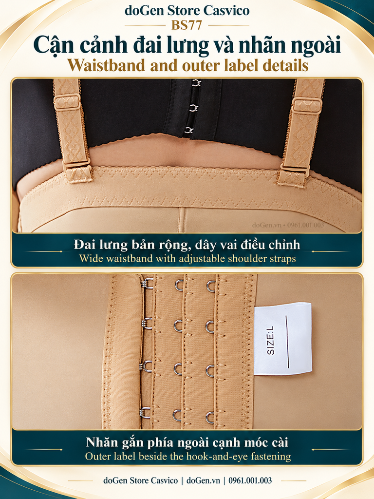 Cận cảnh đai lưng, dây vai và nhãn size cạnh móc cài quần gen BS77 màu da