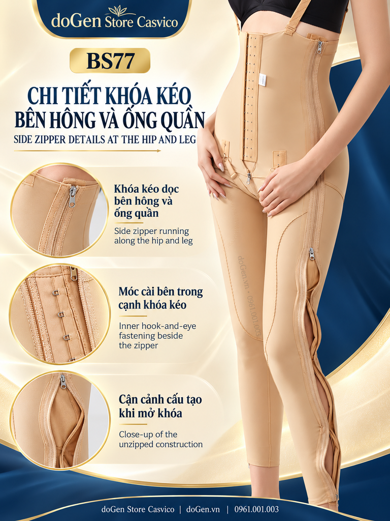 Khóa kéo bên hông và dọc ống quần BS77 màu da, kèm hình cận cảnh khi mở khóa