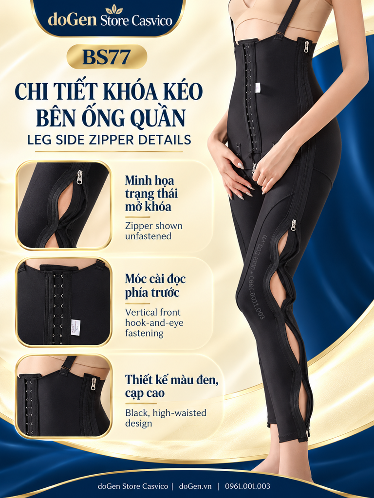 Quần gen BS77 màu đen với khóa kéo bên ống quần đang mở và khung chi tiết móc cài trước