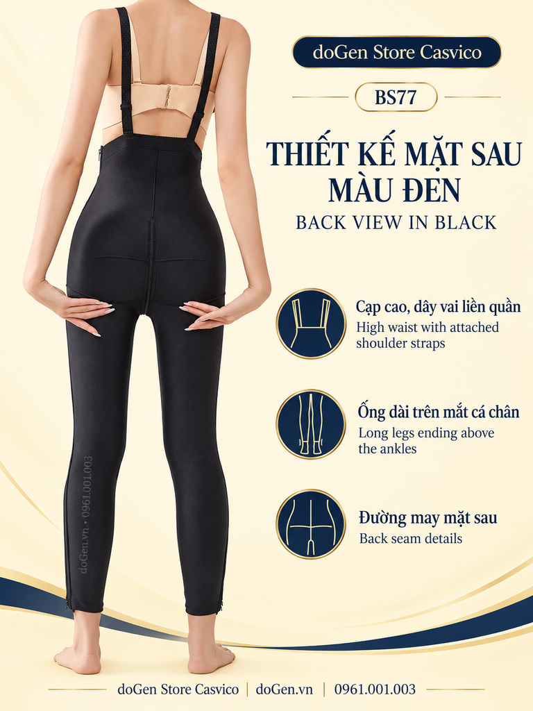 Mặt sau quần gen BS77 màu đen với dây vai, đường may dọc và ống dài trên mắt cá