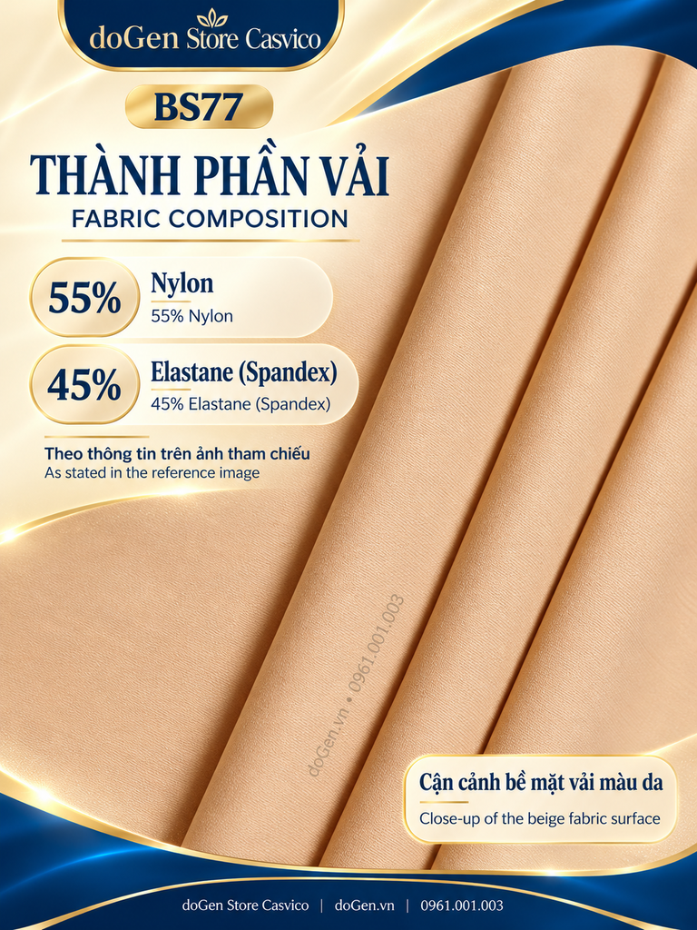 Poster thành phần BS77 ghi 55% Nylon và 45% Elastane trên nền cận cảnh vải màu da