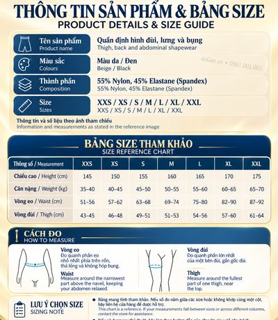 Bảng size BS77 từ XXS đến XXL cho màu da và đen, kèm hướng dẫn đo eo và đùi