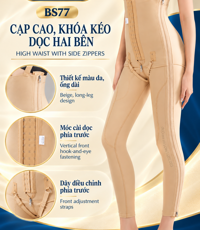 Quần gen BS77 màu da cạp cao, ống dài với các khung chi tiết móc cài và khóa kéo bên