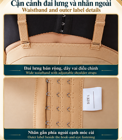 Cận cảnh đai lưng, dây vai và nhãn size cạnh móc cài quần gen BS77 màu da
