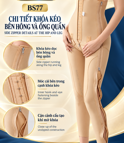 Khóa kéo bên hông và dọc ống quần BS77 màu da, kèm hình cận cảnh khi mở khóa