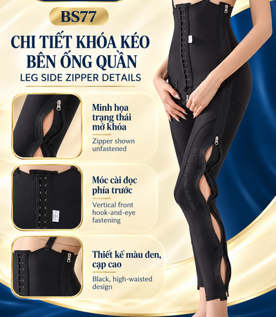 Quần gen BS77 màu đen với khóa kéo bên ống quần đang mở và khung chi tiết móc cài trước