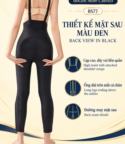 Mặt sau quần gen BS77 màu đen với dây vai, đường may dọc và ống dài trên mắt cá