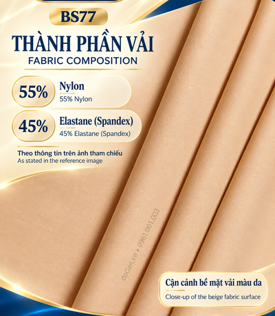 Poster thành phần BS77 ghi 55% Nylon và 45% Elastane trên nền cận cảnh vải màu da